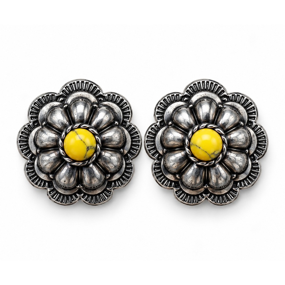 Yellow Howlite Concho Flower Stud Earrings Silver Tone Western Cowgirl Floral